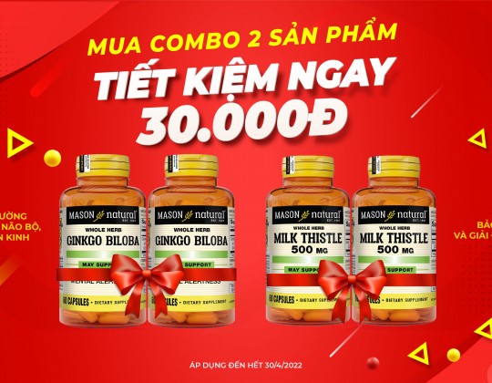 Giảm ngay 30K khi mua Combo 2 sản phẩm Ginkgo Biloba hoặc Combo 2 sản phẩm Milk Thistle của Mason Natural