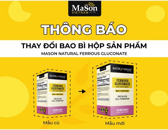 Thông báo: Thay đổi bao bì hộp sản phẩm Mason Natural Ferrous Gluconate