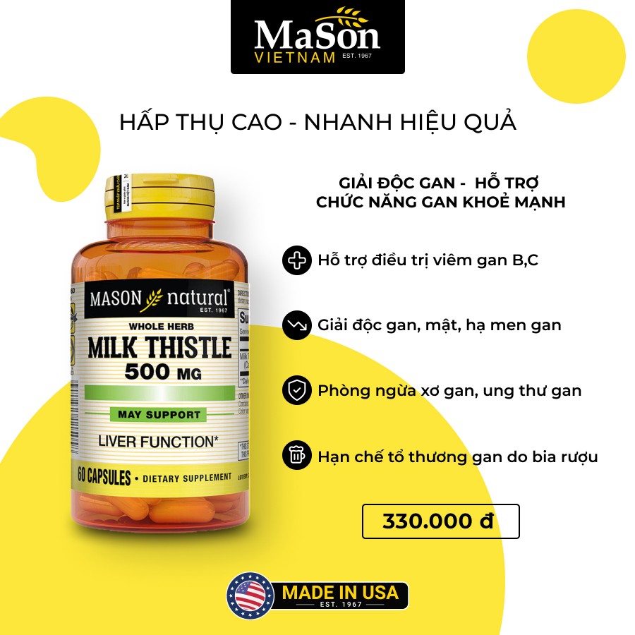 Mason Milk Thistle 500mg - Giải độc gan, hỗ trợ chức năng gan khỏe mạnh
