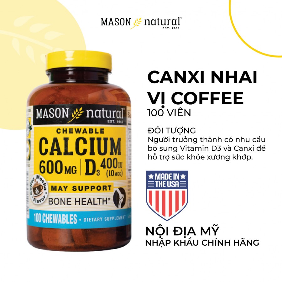 Mason Natural Calcium 600mg + D3 - Bổ sung canxi cho cơ thể