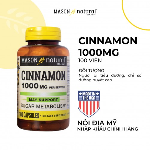 Mason Natural Cinnamon 1000mg - Hỗ trợ kiểm soát chỉ số đường huyết (Hộp 100 viên)