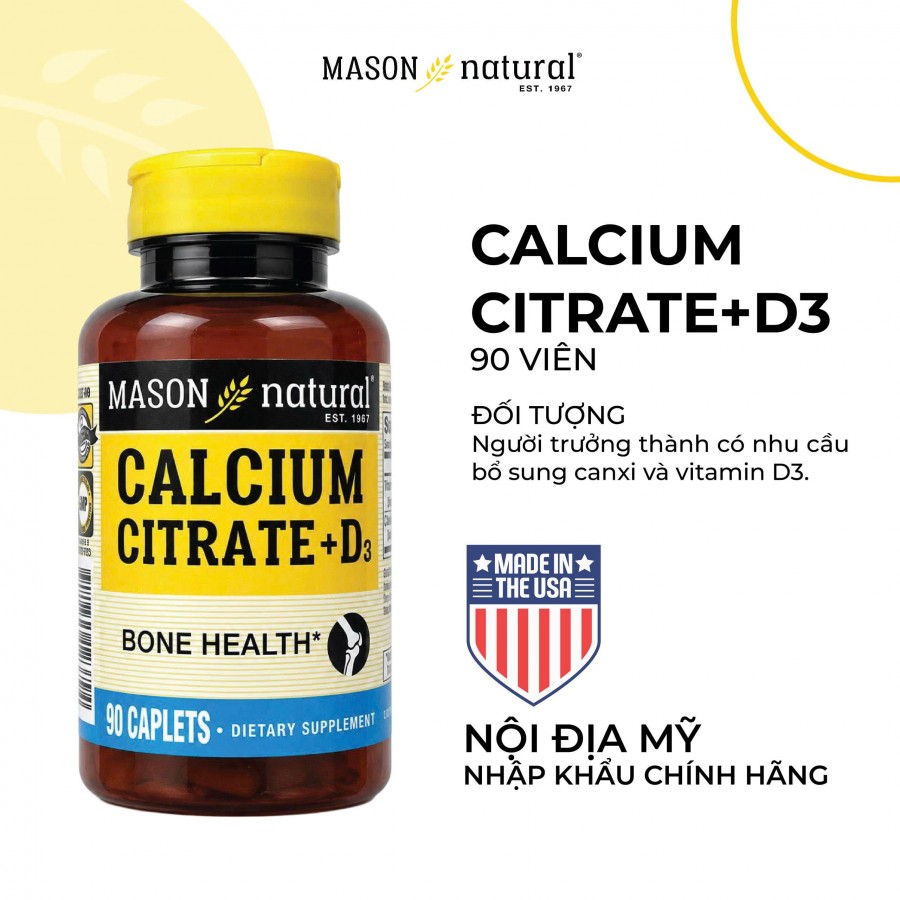 Mason Natural Calcium Citrate + D3 - Bổ sung canxi hữu cơ cho cơ thể (90 viên)