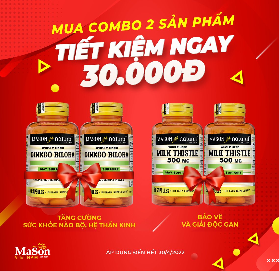 Giảm ngay 30K khi mua Combo 2 sản phẩm Ginkgo Biloba hoặc Combo 2 sản phẩm Milk Thistle của Mason Natural