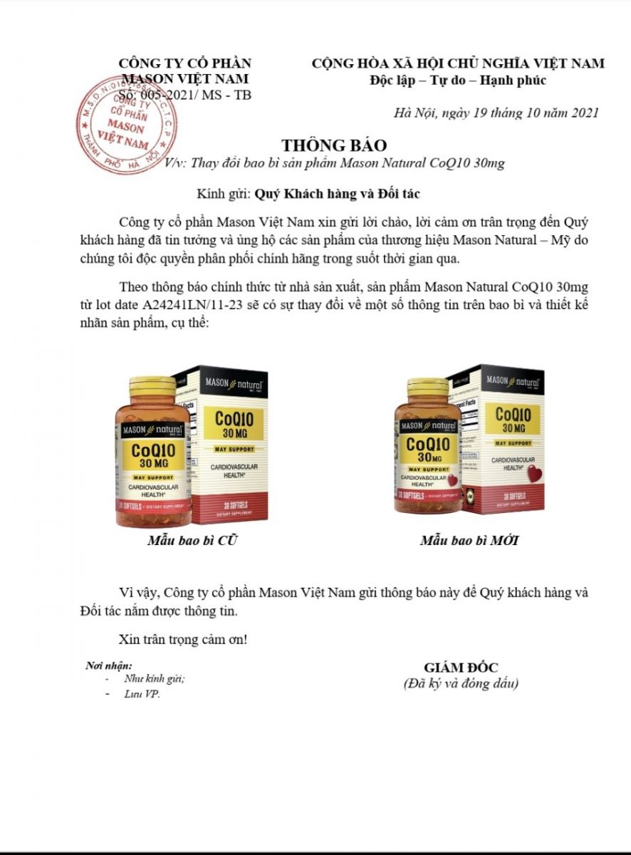 Mason Natural CoQ10 30mg thay đổi mẫu mã bao bì sản 