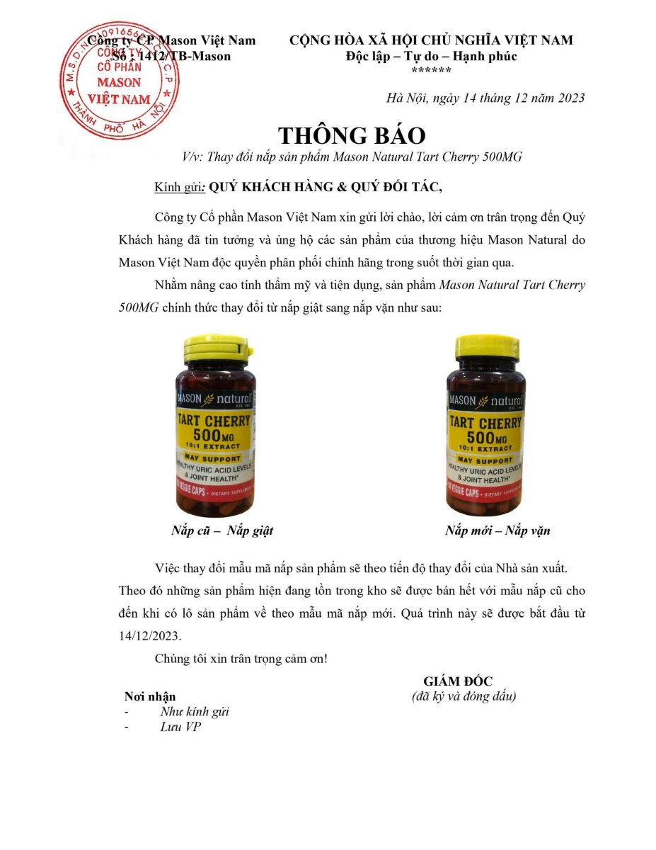 Thông báo: Thay đổi bao bì sản phẩm Mason Natural Tart Cherry