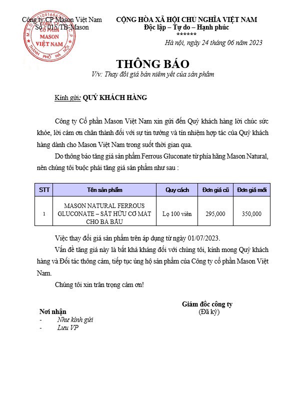 Thông báo: Thay đổi giá bán sản phẩm Mason Natural Ferrous Gluconate