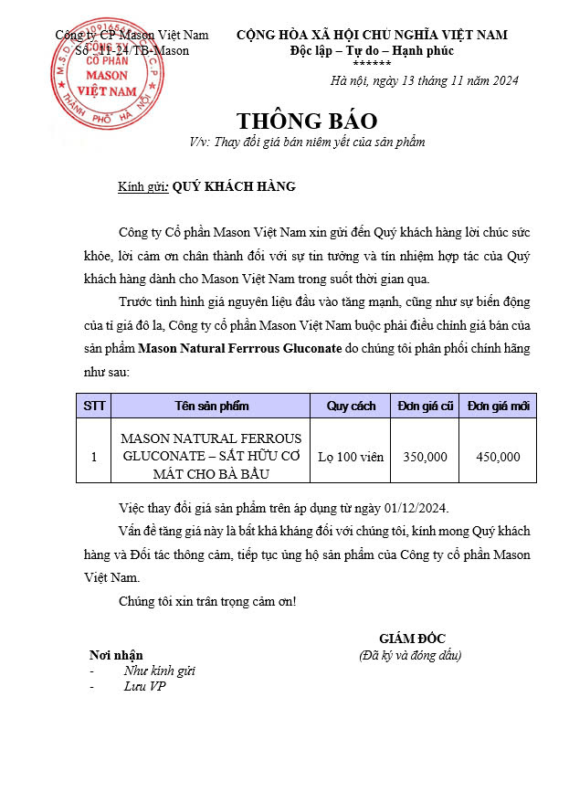 Thông báo: Thay đổi giá niêm yết sản phẩm Mason Natural Ferrous Gluconate 100 viên