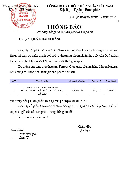 Thông báo: Thay đổi giá sản phẩm sắt Mason Ferrous Gluconate – Bổ sung sắt hữu cơ cho cơ thể